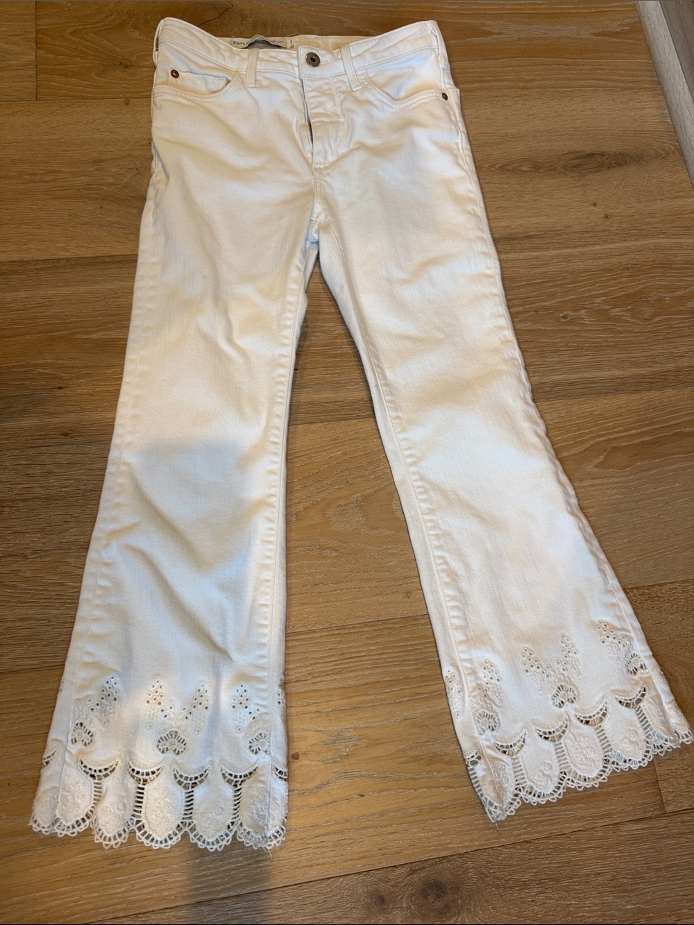 Pilcro and the Letterpress White Flared Eyelet-Hem Jeans